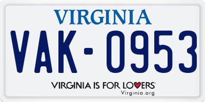 VA license plate VAK0953