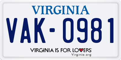 VA license plate VAK0981