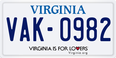 VA license plate VAK0982