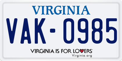 VA license plate VAK0985