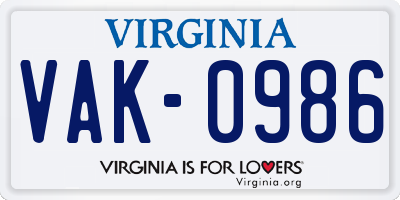 VA license plate VAK0986