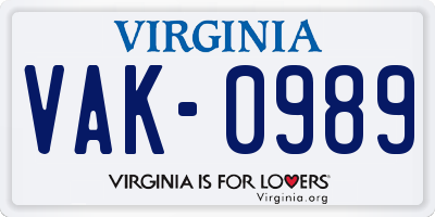 VA license plate VAK0989
