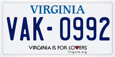 VA license plate VAK0992