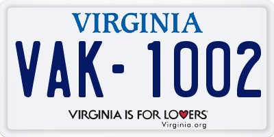 VA license plate VAK1002