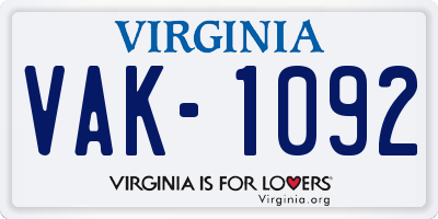 VA license plate VAK1092