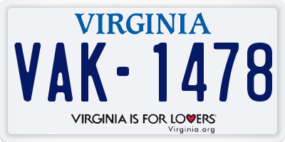 VA license plate VAK1478