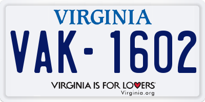 VA license plate VAK1602