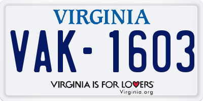 VA license plate VAK1603