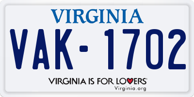 VA license plate VAK1702