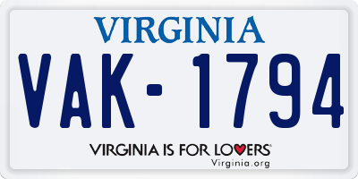 VA license plate VAK1794