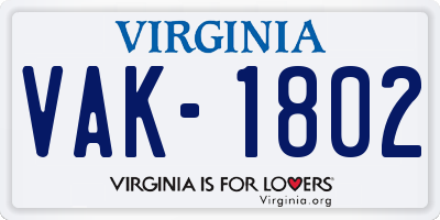 VA license plate VAK1802