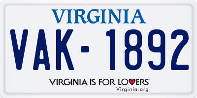 VA license plate VAK1892