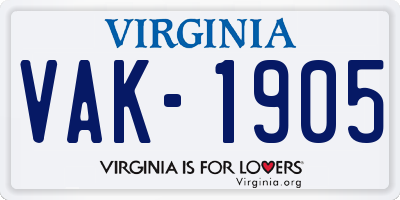 VA license plate VAK1905