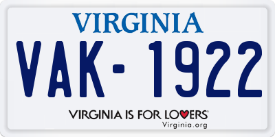 VA license plate VAK1922