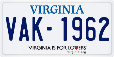 VA license plate VAK1962