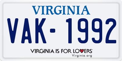 VA license plate VAK1992