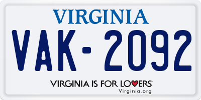 VA license plate VAK2092
