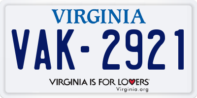 VA license plate VAK2921
