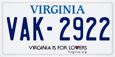 VA license plate VAK2922