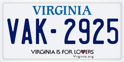 VA license plate VAK2925