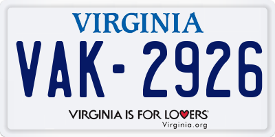 VA license plate VAK2926