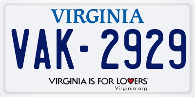 VA license plate VAK2929