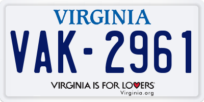 VA license plate VAK2961
