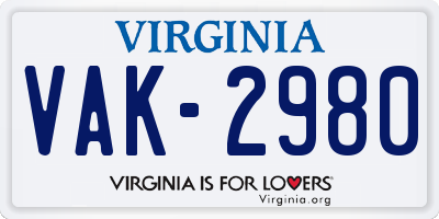 VA license plate VAK2980