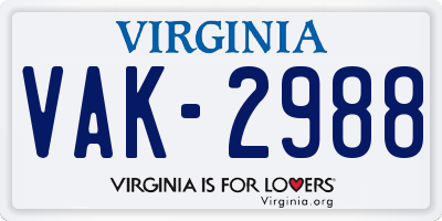 VA license plate VAK2988