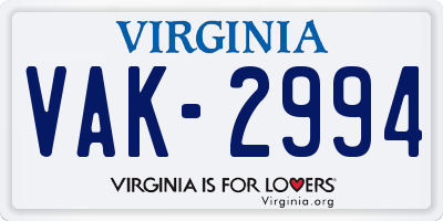 VA license plate VAK2994