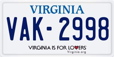 VA license plate VAK2998