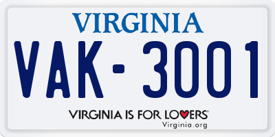 VA license plate VAK3001