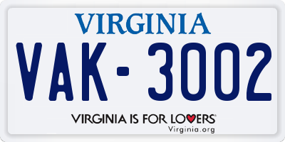 VA license plate VAK3002