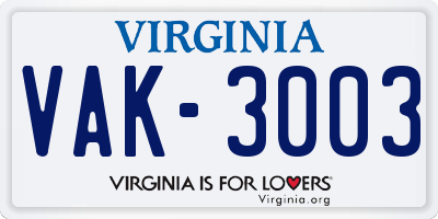 VA license plate VAK3003