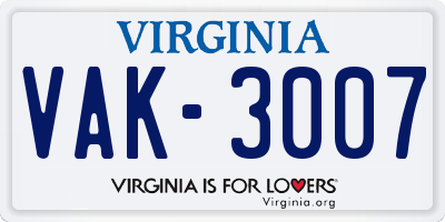 VA license plate VAK3007