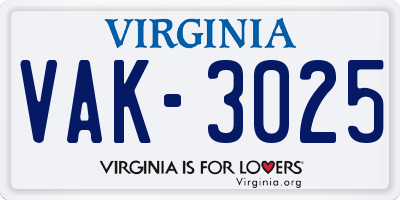 VA license plate VAK3025