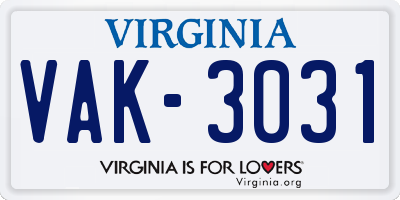 VA license plate VAK3031