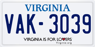 VA license plate VAK3039
