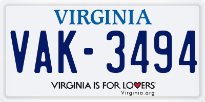 VA license plate VAK3494