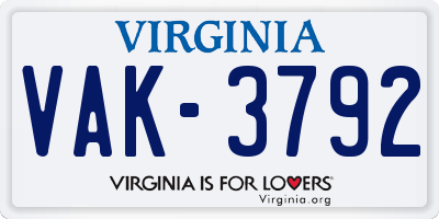 VA license plate VAK3792