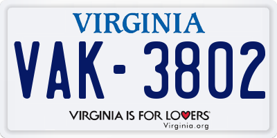 VA license plate VAK3802