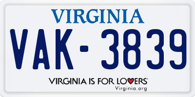 VA license plate VAK3839