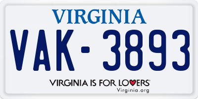 VA license plate VAK3893