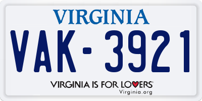 VA license plate VAK3921
