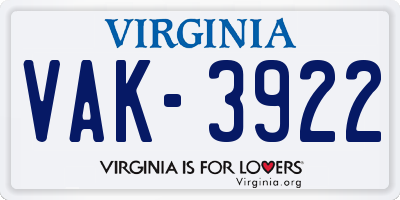 VA license plate VAK3922