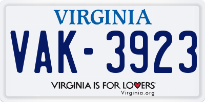 VA license plate VAK3923