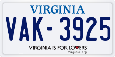 VA license plate VAK3925
