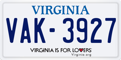 VA license plate VAK3927