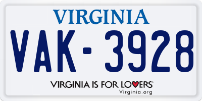 VA license plate VAK3928