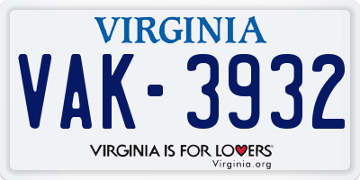 VA license plate VAK3932